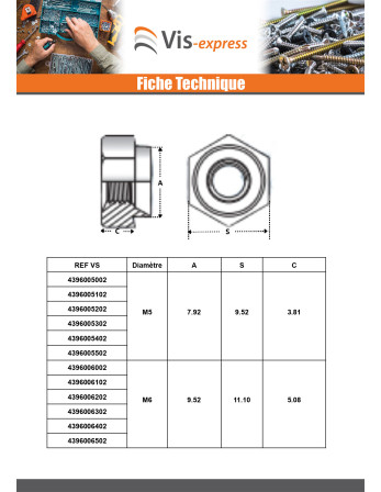 Ecrou à riveter Hexagonal Acier zingué M5 Epaisseur tole 1MM