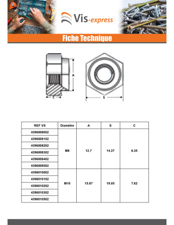 Ecrou à riveter Hexagonal Acier zingué M5 Epaisseur tole 1MM