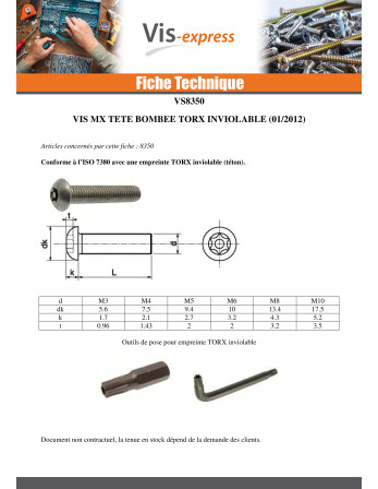 Vis métaux Inox A2 Inviolable Tête bombée TORX T25 avec téton M5X50