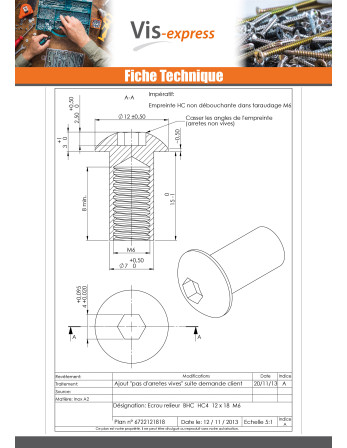 Ecrou Relieur Tête bombée M6X8 Clé de 4 HC4 7X15 Inox