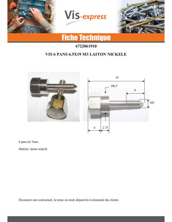 Vis Tête fraisée Laiton nickelé M3 6.5X19 Ref A890 MA