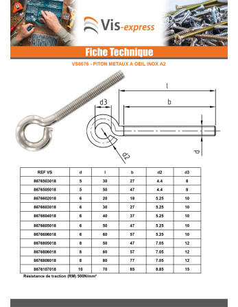 Piton Métaux M6X40 Oeil 10 Inox A2
