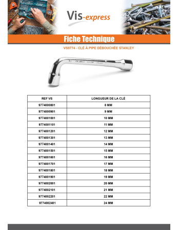 Clé à pipe débouchée STANLEY 6X12 pans 9 MM