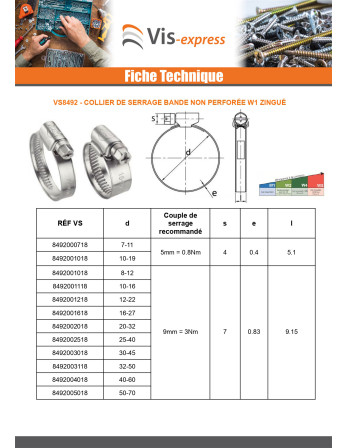 Collier de serrage bande non perforée 12MM Diamètre 130 à 150 Acier zingué W1