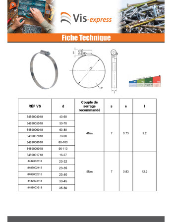 Collier de serrage tête déportée bande non perforée de 12 Diamètre 70 à 90 Inox W4