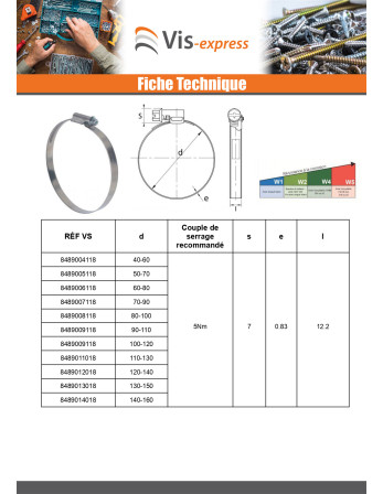 Collier de serrage tête déportée bande non perforée de 9 Diamètre 60 à 80 Inox W4