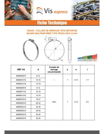 Collier de serrage tête déportée bande non perforée de 12 Diamètre 80 A100 Inox W4