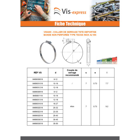 1 x Collier de serrage tête déportée bande non perforée de 9 Diamètre 8 à 12 Inox W4