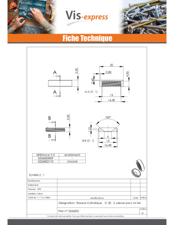 Rosace cyndrique ou cache vis (1 rosace et 1 cuvette de vis) Laiton POLI DIAM20 Pour Vis M5