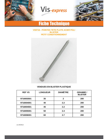 Blister de 200GR Pointes Tête Plate Longueur 35 Acier brut