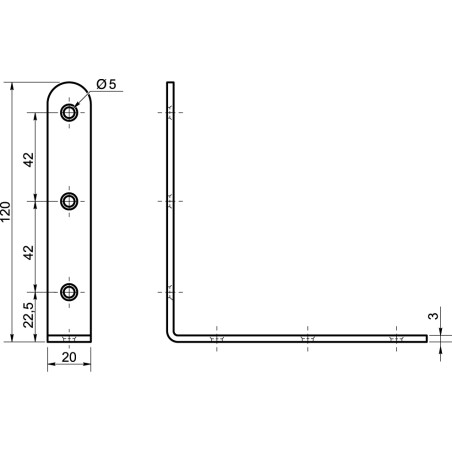 1 x Equerre de fixation Longue 90° 120X20X3 Acier zingué