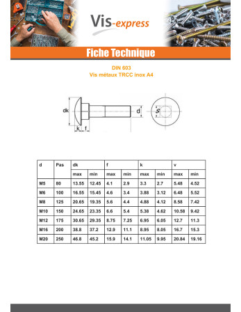 Vis métaux tête ronde collet carré Inox A4 M8X20 Filetage total