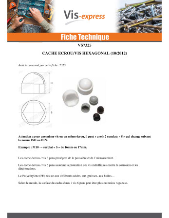 Cache Ecrou ou cache tête vis Tête hexagonale TH M45 Polyethylène noir Sur plat 70
