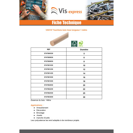 1 x Tourillon bois lisse Diamètre 16 Longueur 1 mètre