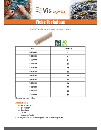 Tourillon bois lisse Diamètre 25 Longueur 1 mètre