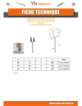 Pied de poteau Forme U 60X100X91 Forte tenue à la corrosion Acier galvanisé à chaud