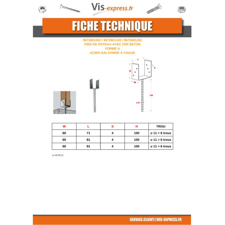 1 x Pied de poteau Forme U 60X100X91 Forte tenue à la corrosion Acier galvanisé à chaud
