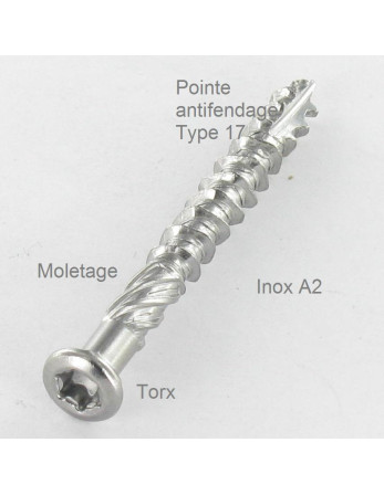 Lot de 800 Vis terrasse TEKOR Inox A2 5X50 Pointe antifendage type 17 pour 20 mètre carré