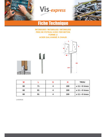 Pied de poteau Forme U 60X100X81 Forte tenue à la corrosion Acier galvanisé à chaud