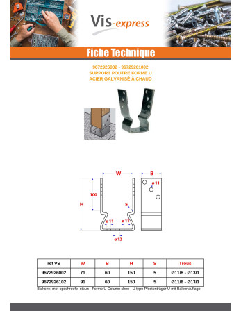 Support poutre Forme U 91X60X150 Forte tenue à la corrosion Acier galvanisé à chaud