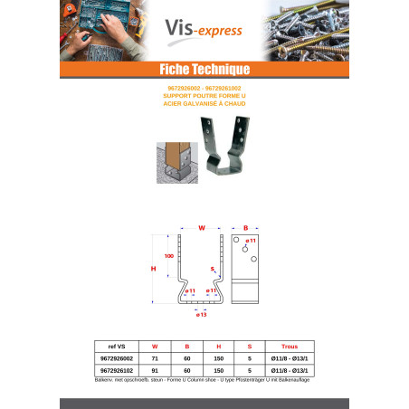 1 x Support poutre Forme U 91X60X150 Forte tenue à la corrosion Acier galvanisé à chaud
