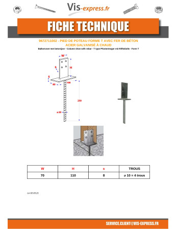 Pied de poteau Forme Tête 70X110X8 Forte tenue à la corrosion Acier galvanisé à chaud