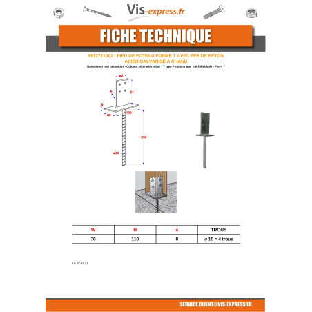 1 x Pied de poteau Forme Tête 70X110X8 Forte tenue à la corrosion Acier galvanisé à chaud