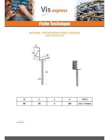 Pied de poteau Forme L 60X100X80 Acier zingué