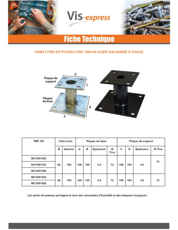 Pied de poteau fixe 140X140 Forte tenue à la corrosion Acier galvanisé à chaud Noir