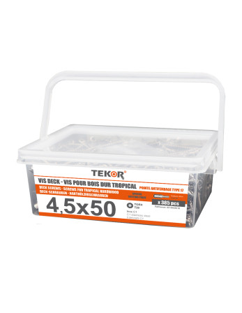 Seau de 385 Vis DECK TEKOR 4.5X50 Pointe antifendage type 17 Inox C1 AISI 410 Tête fraisée