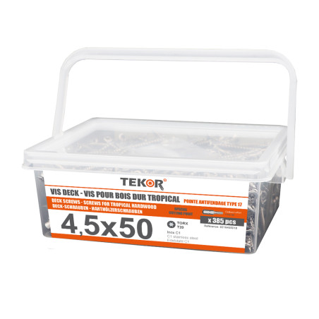 1 x Seau de 385 Vis DECK TEKOR 4.5X50 Pointe antifendage type 17 Inox C1 AISI 410 Tête fraisée