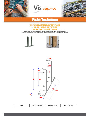 Pied de poteau Forme U 91X50X200 Forte tenue à la corrosion Acier galvanisé à chaud