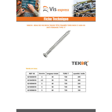 1 x Seau de 385 Vis DECK TEKOR 4.5X50 Pointe antifendage type 17 Inox C1 AISI 410 Tête fraisée