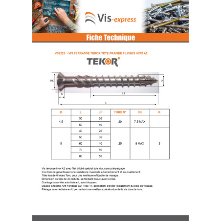 1 x Lot de 400 Vis terrasse TEKOR Inox A2 5X60 Pointe antifendage type 17 pour 10 mètre carré