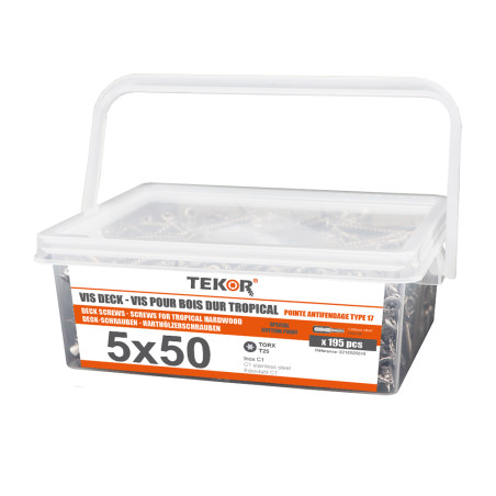 1 x Seau de 195 Vis DECK TEKOR 5X50 Pointe antifendage type 17 Inox C1 AISI 410 Tête fraisée TORX T25