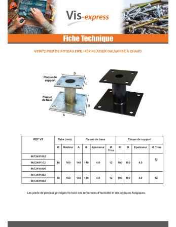 Pied de poteau fixe 140X140 Forte tenue à la corrosion Acier galvanisé à chaud