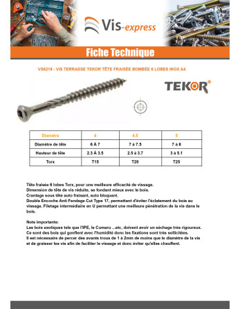 Vis terrasse TEKOR Tête fraisée bombée TFB TORX T25 5X50 Pointe antifendage type 17 Inox A4 Brun