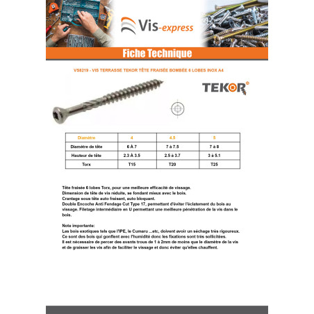 1 x Vis terrasse TEKOR Tête fraisée bombée TFB TORX T25 5X50 Pointe antifendage type 17 Inox A4 Brun