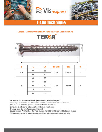 Lot de 40 Vis terrasse TEKOR Inox A2 5X60 Pointe antifendage type 17 pour 1 mètre carré