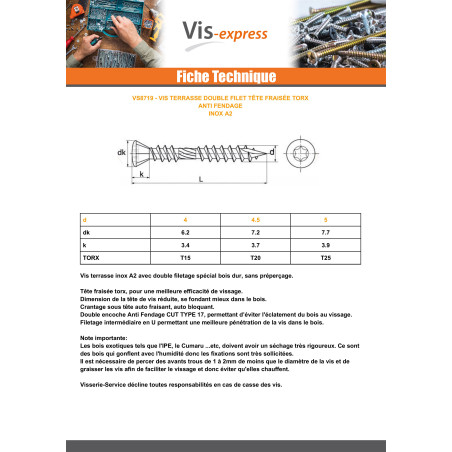 1 x Vis terrasse TEKOR Double filet Tête fraisée TORX T25 5X100 Pointe antifendage type 17 Inox A2