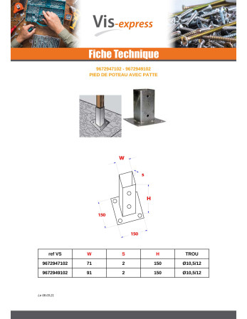 Pied de poteau Avec Patte 71X150 Forte tenue à la corrosion Acier galvanisé à chaud