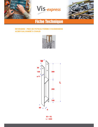 Pied de poteau Forme H 91X600X60X6 Forte tenue à la corrosion Acier galvanisé à chaud