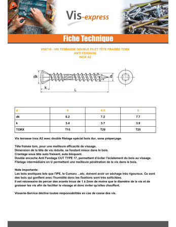 Vis terrasse TEKOR Double filet Tête fraisée TORX T25 5X60 Pointe antifendage type 17 Inox A2
