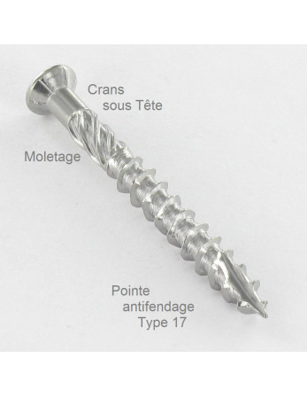 Vis terrasse TEKOR Tête fraisée bombée TFB TORX T20 4.5X50 Pointe antifendage type 17 Inox A4