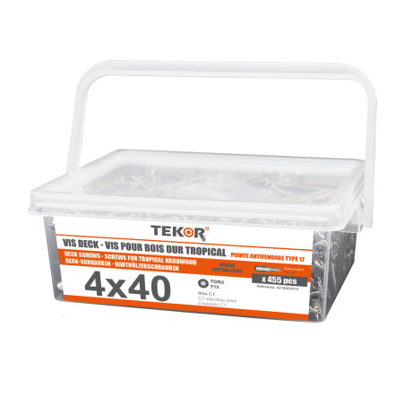1 x Seau de 455 Vis DECK TEKOR 4X40 Pointe antifendage type 17 Inox C1 AISI 410 Tête fraisée TORX T15