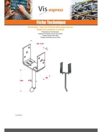 Pied de poteau ajustable 60X135 Forte tenue à la corrosion Acier galvanisé à chaud