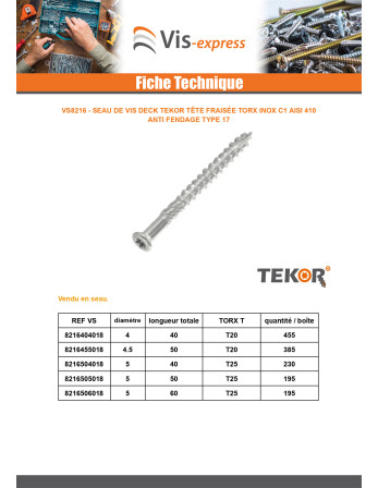 Seau de 455 Vis DECK TEKOR 4X40 Pointe antifendage type 17 Inox C1 AISI 410 Tête fraisée TORX T15