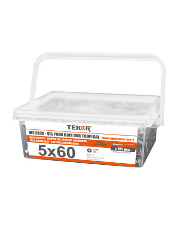 Seau de 195 Vis DECK TEKOR 5X60 Pointe antifendage type 17 Inox C1 AISI 410 Tête fraisée TORX T25