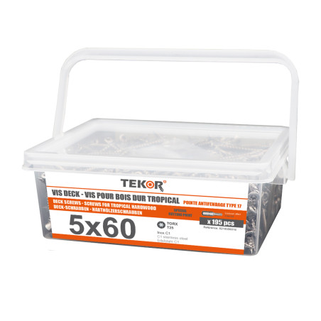 1 x Seau de 195 Vis DECK TEKOR 5X60 Pointe antifendage type 17 Inox C1 AISI 410 Tête fraisée TORX T25
