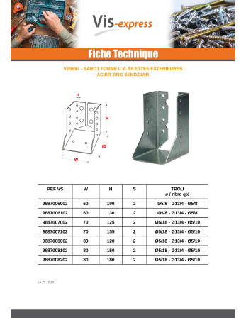 Sabot de charpente Forme U à Ailettes Intérieur Sendzimir 70X125